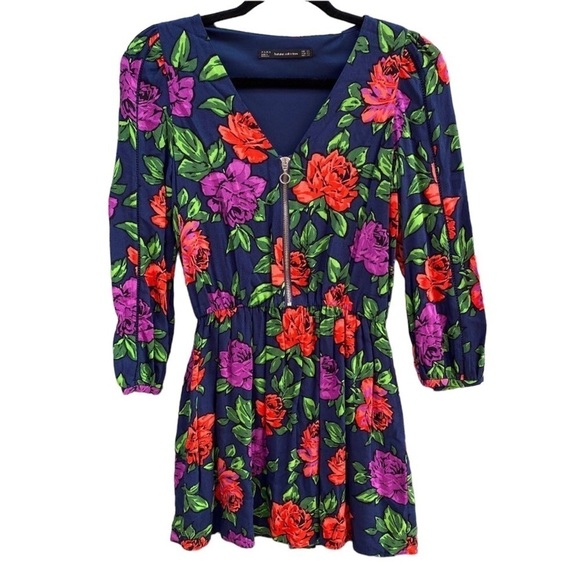 Zara Trafaluc Blue Floral Long Sleeve V Neck Zip Mini Dress Sz XS - Picture 1 of 10